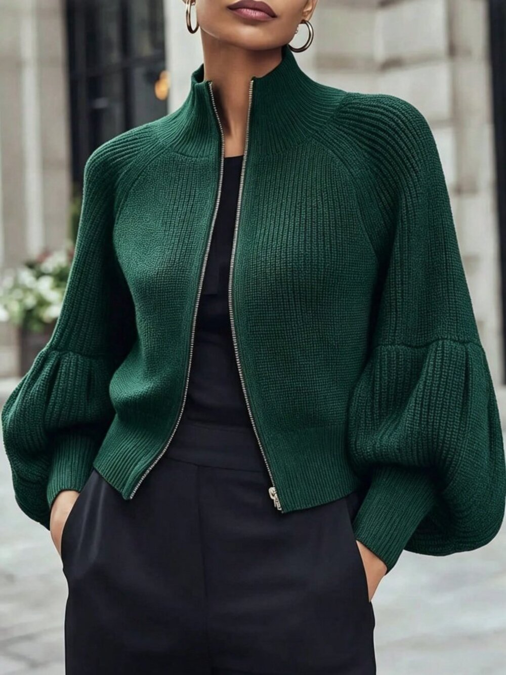 Emerald Casual Women's Regular Fit Stand Collar Bishop Sleeve Zipper Cardigan